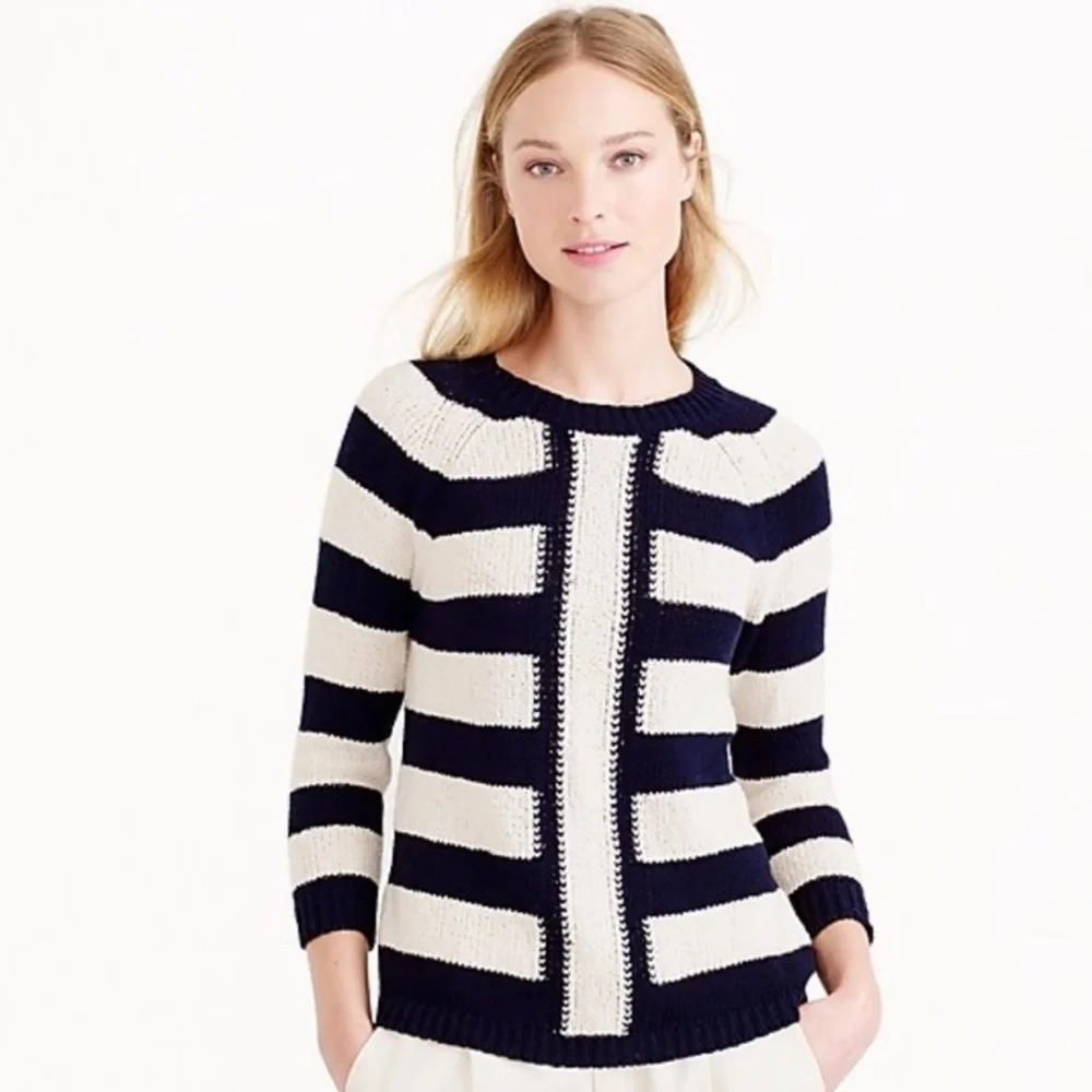J.Crew Sweater crewneck Pullover Knit navy cream stripes preppy casual small